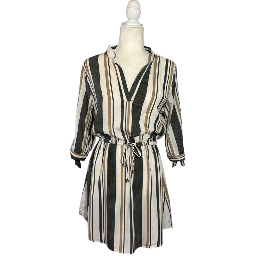 Blush gray, white and tan striped 3/4 sleeve shirt dress - L